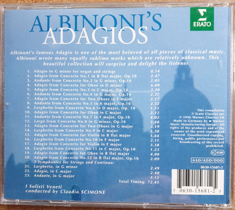 CD - Tomaso Albinoni – I Solisti Veneti, Claudio Scimone – Albinoni's Adagios - USADO