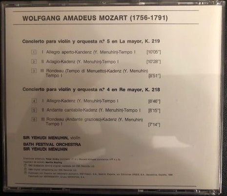 CD - Mozart* - Yehudi Menuhin, Bath Festival Orchestra – Conciertos Para Violín y Orquesta Nº 4 y 5 - USADO