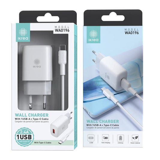 CARREGADOR DE VIAGEM IKREA WA0196 COM CABO TYPE-C 2.4A