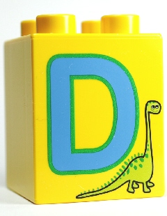 Part 31110pb046 LEGO Duplo, Brick 2 x 2 x 2 with Letter D and Dinosaur Pattern - USADO