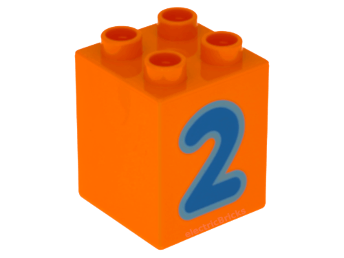 LEGO DUPLO   31110pb074 Orange , Brick 2 x 2 x 2 with Number 2 Blue Pattern - USADO