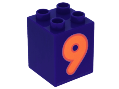 31110pb081 Dark Purple LEGO Duplo, Brick 2 x 2 x 2 with Number 9 Orange Pattern - USADO