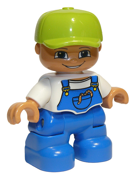LEGO Duplo Figure Lego Ville, Child Boy, Blue Legs, White Top with Blue Overalls, Worms in Pocket, Lime Cap (4251086)  - USADO