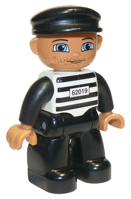 LEGO DUPLO Ville, Male Prisoner, Black Cap, Light Nougat Head and Hands, Black and White Striped Shirt with '62019', Black Legs Item No: 47394pb035  - USADO