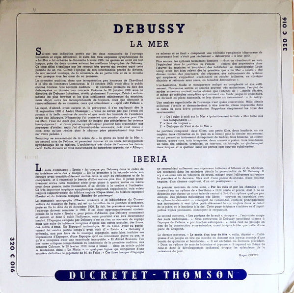 LP VINYL - Debussy* / Orchestre Du Théâtre Des Champs-Elysées Direction: D.-E. Inghelbrecht* – La Mer / Iberia - USADO