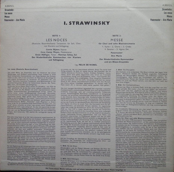 LP VINYL - Strawinsky*, Felix De Nobel Ltg. Der Niederländische Kammerchor* – "Les Noces" / Messe / Pater Noster / Ave Maria - Holland Festival 1954 - USADO