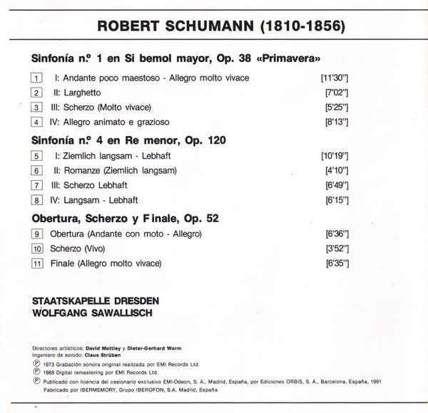 CD - Schumann* : Staatskapelle Dresden, Sawallisch* – Sinfonías Nos. 1 Y 4 - Obertura, Scherzo Y Finale - USADO