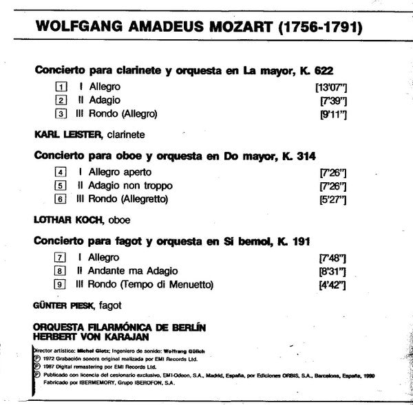 CD - Mozart* - Leister*, Koch*, Piesk* - Karajan*, Orquesta Filarmónica De Berlín* – Conciertos Para Instrumentos De Viento - USADO