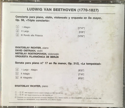 CD - Ludwig van Beethoven, Herbert von Karajan, Mstislav Rostropovich, David Oistrach, Sviatoslav Richter, Berliner Philharmoniker – Triple Concierto, Op.56 /Sonata Para Piano, nº 17 "La Tempestad" - USADO