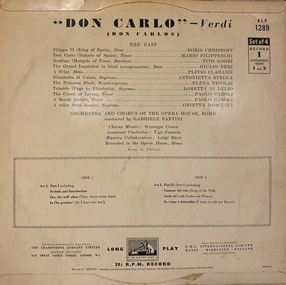 LP VINYL - Verdi*, Orchestra* and Chorus Of The Opera House, Rome* conducted by Gabriele Santini (2) – "Don Carlo" (Don Carlos) - USADO