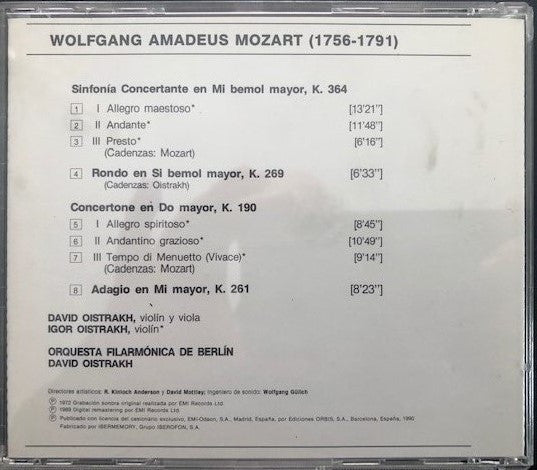 CD - Mozart* - Oistrakh*, Orquesta Filarmónica De Berlín* – Sinfonía Concertante, K. 364 - Rondo, K. 269 - Concertone, K. 190 - Adagio, K. 261 - USADO