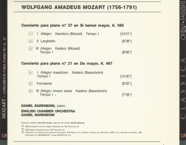 CD - Mozart* – Daniel Barenboim, English Chamber Orchestra – Conciertos Para Piano Nos. 21, 27 - USADO