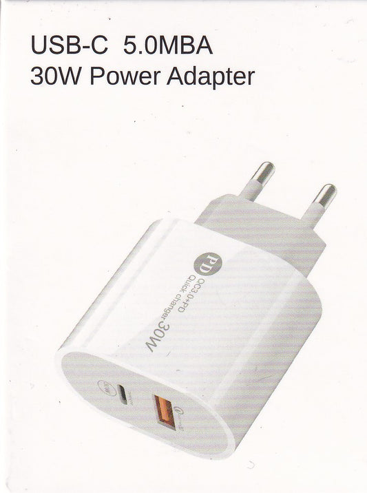 POWER ADAPTER 30W PD 2 PORTAS USB-A + USB-C - NOVO
