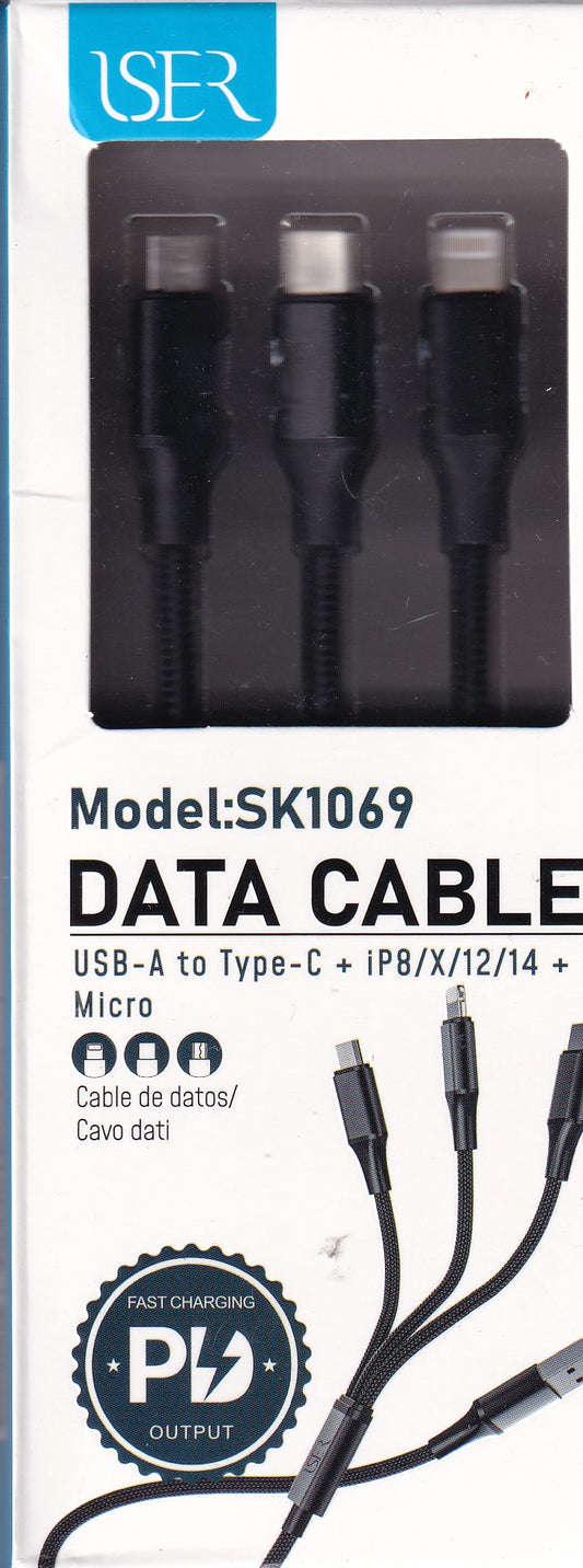 ISER DATA CABLE USB-A TO TYPE-C + iP8/X/12/14 + MICRO SK1069 - NOVO