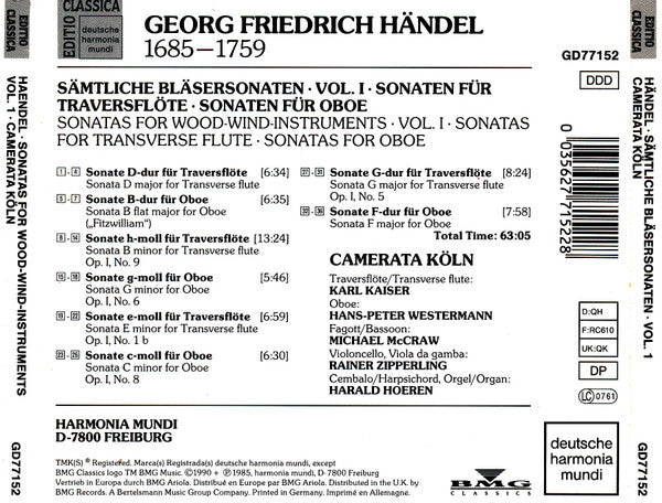 CD Hændel*, Camerata Köln – Sämtliche Bläsersonaten Volume I - Usado