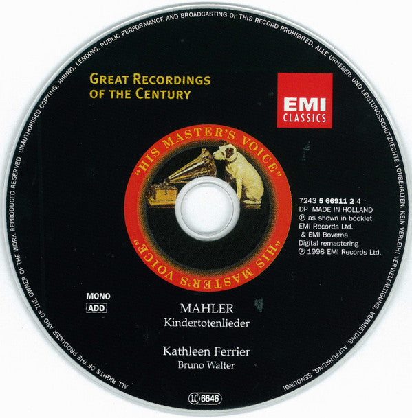 CD Mahler* - Kathleen Ferrier, Bruno Walter – Kindertotenlieder - USADO
