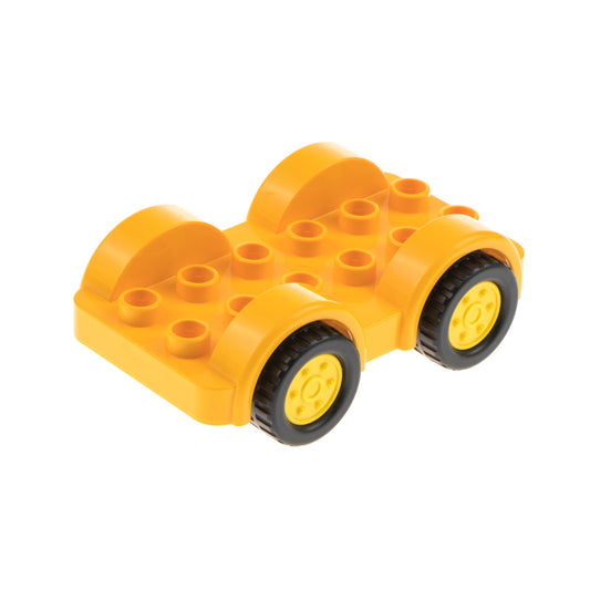 1 x Lego brick Bright Light Orange Duplo Car Base 2 x 6 with Four Black Tires and Yellow Wheels on Fixed Axles Set 10816 6138858 11841c02 - USADO