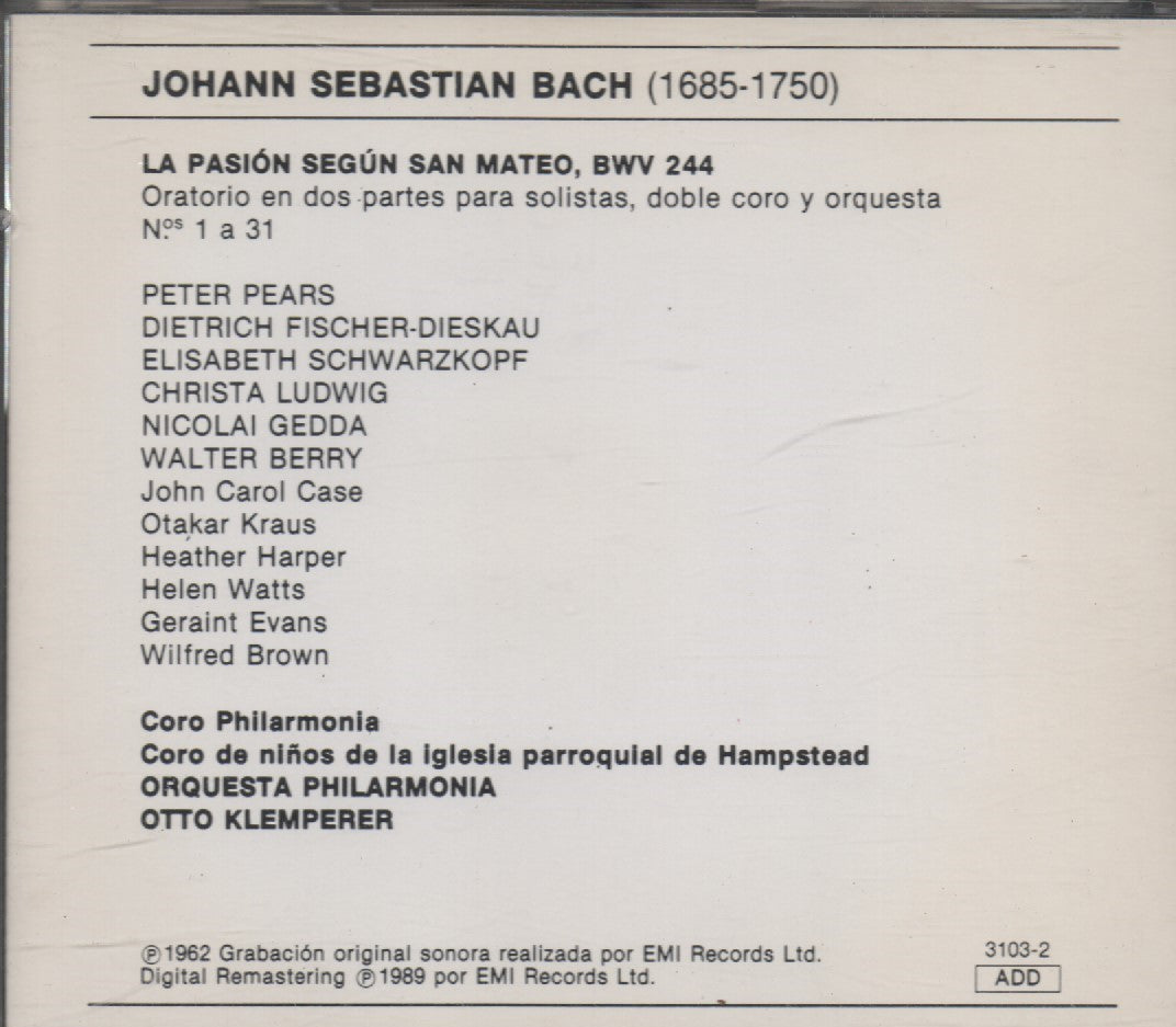 CD - Bach*, Klemperer*, Coro Philharmonia* – Pasión Según San Mateo (I) - USADO