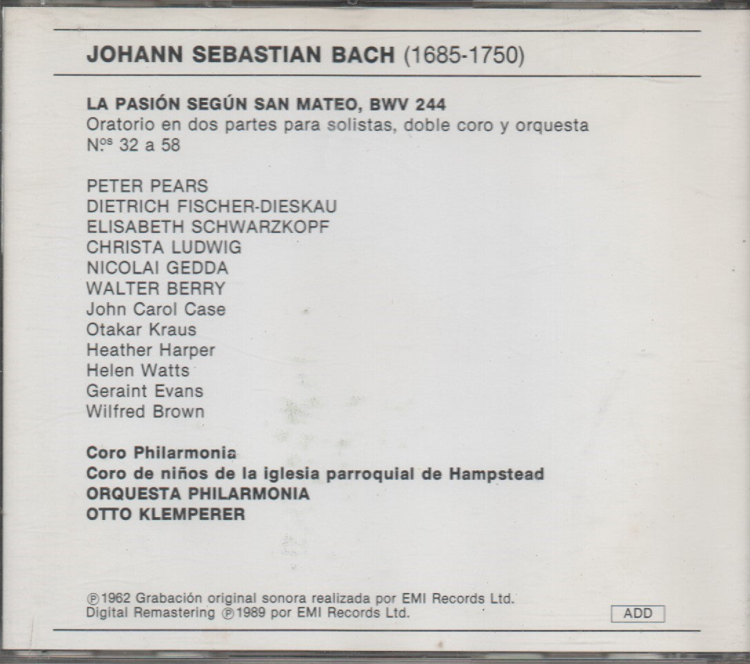 CD - Bach*, Klemperer*, Coro Philharmonia* – Paixão Segundo São Mateus (II) - USADO