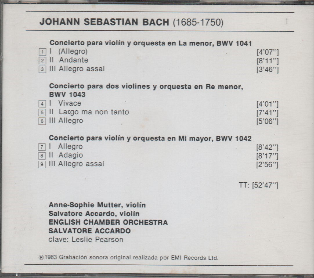 CD - Bach*, Mutter*, Accardo*, English Chamber Orchestra – Concierto Para 2 Violines BWV 1043 / Conciertos Para Violín BWV 1041/BWV 1042 - USADO