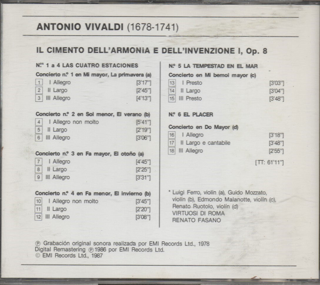 CD - Vivaldi* - Fasano*, Virtuosi Di Roma* – Il Cimento Dell'Armonia E Dell'Invenzione (I): Las Cuatro Estaciones, La Tempetad En El Mar, El Placer - USADO