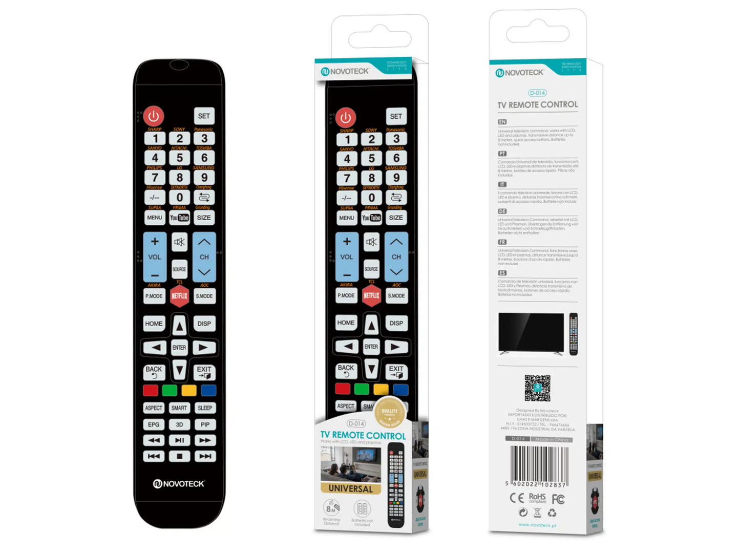 Controle Remoto Universal 15In1 Novoteck D-014 – Compatibilidade Expansiva e Teclas de Atalho para Netflix e YouTube