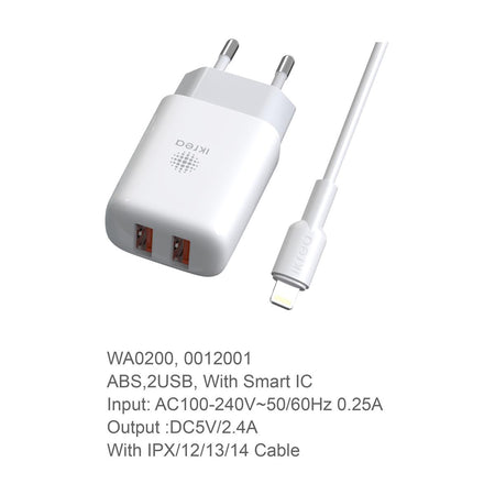 Carregador de viagem + Cabo Lightning 2USB Ikrea WA0200