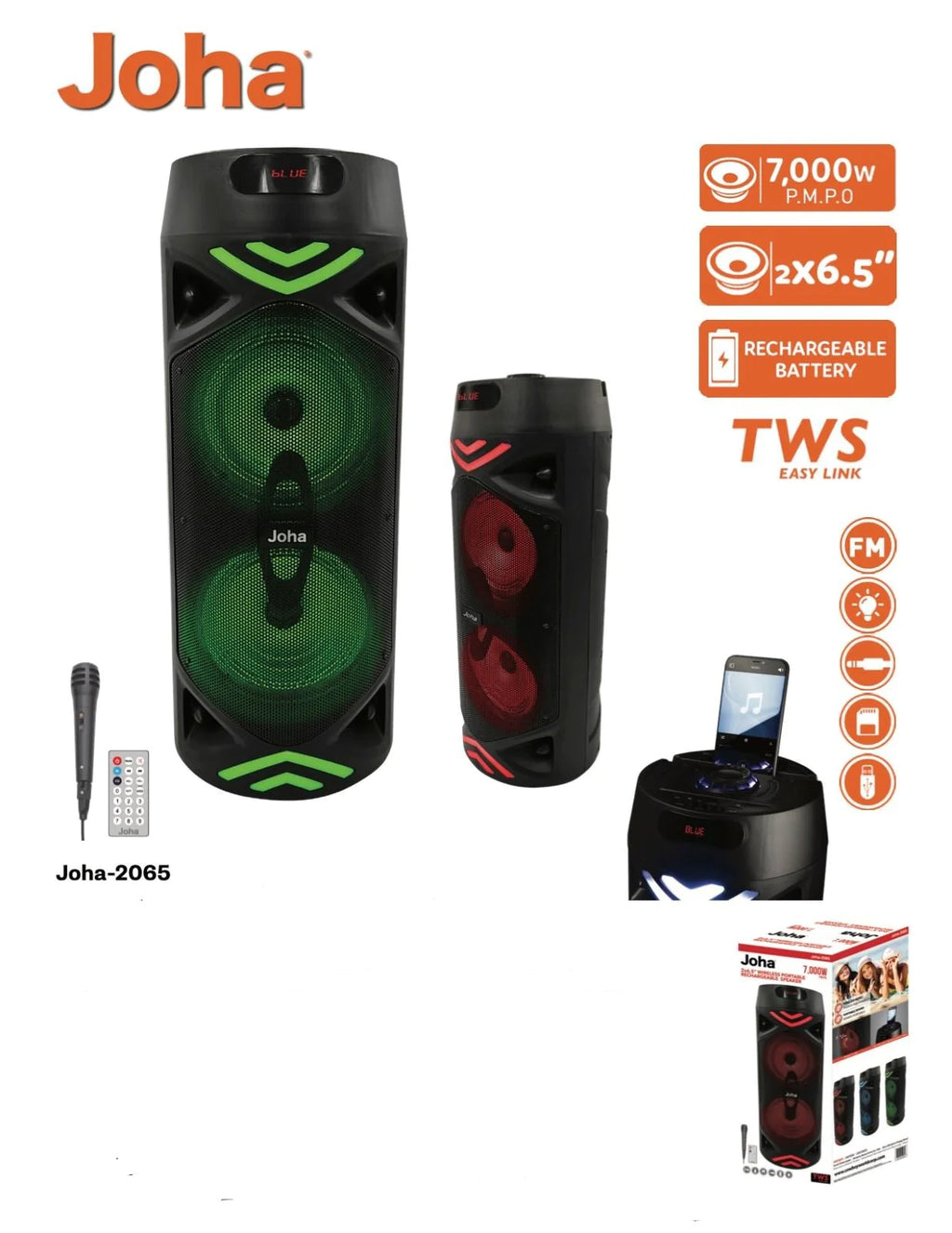 Coluna de Som Bluetooth Joha 2065 com micro 2X6.5” RECHARGEABLE PARTY SPEAKER - NOVO