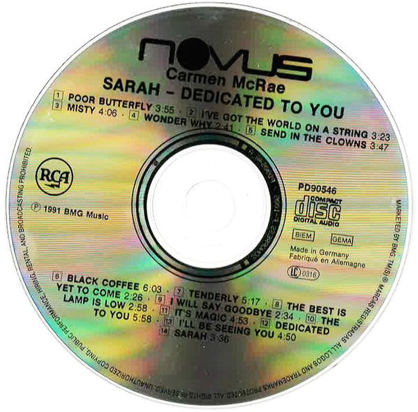 CD Carmen McRae – Sarah - Dedicated To You - USADO
