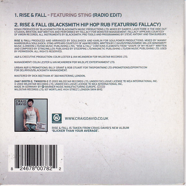CD Craig David Featuring Sting ‎– Rise & Fall - USADO