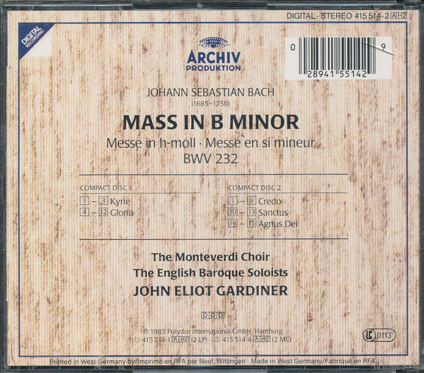 CD J.S. Bach* - John Eliot Gardiner ‎– Mass In B Minor = Messe In H-moll = Messe En Si Mineur - USADO