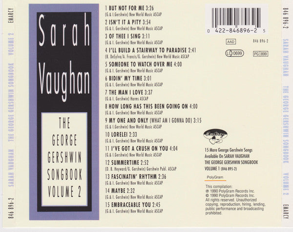 CD Sarah Vaughan ‎– The George Gershwin Songbook Volume 2 - USADO