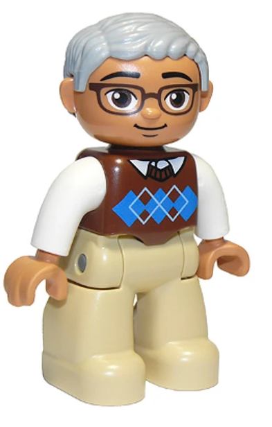 Duplo Figure Lego Ville, Male, Tan Legs, Reddish Brown Argyle Sweater Vest, White Arms, Light Bluish Gray Hair, Glasses, Oval Eyes - USADO