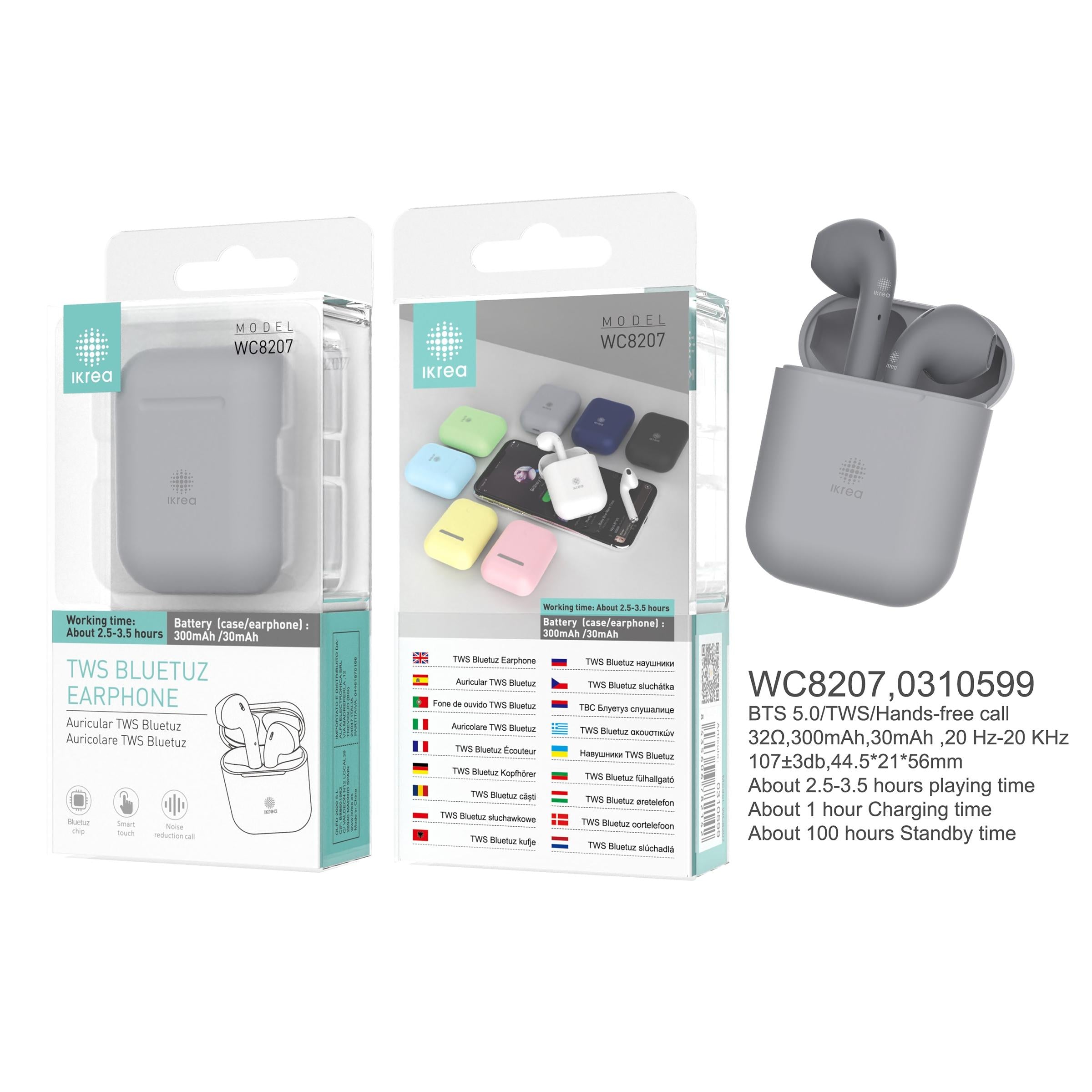 Auricular Bluetooth TWS IKREA WC8207 CINZA