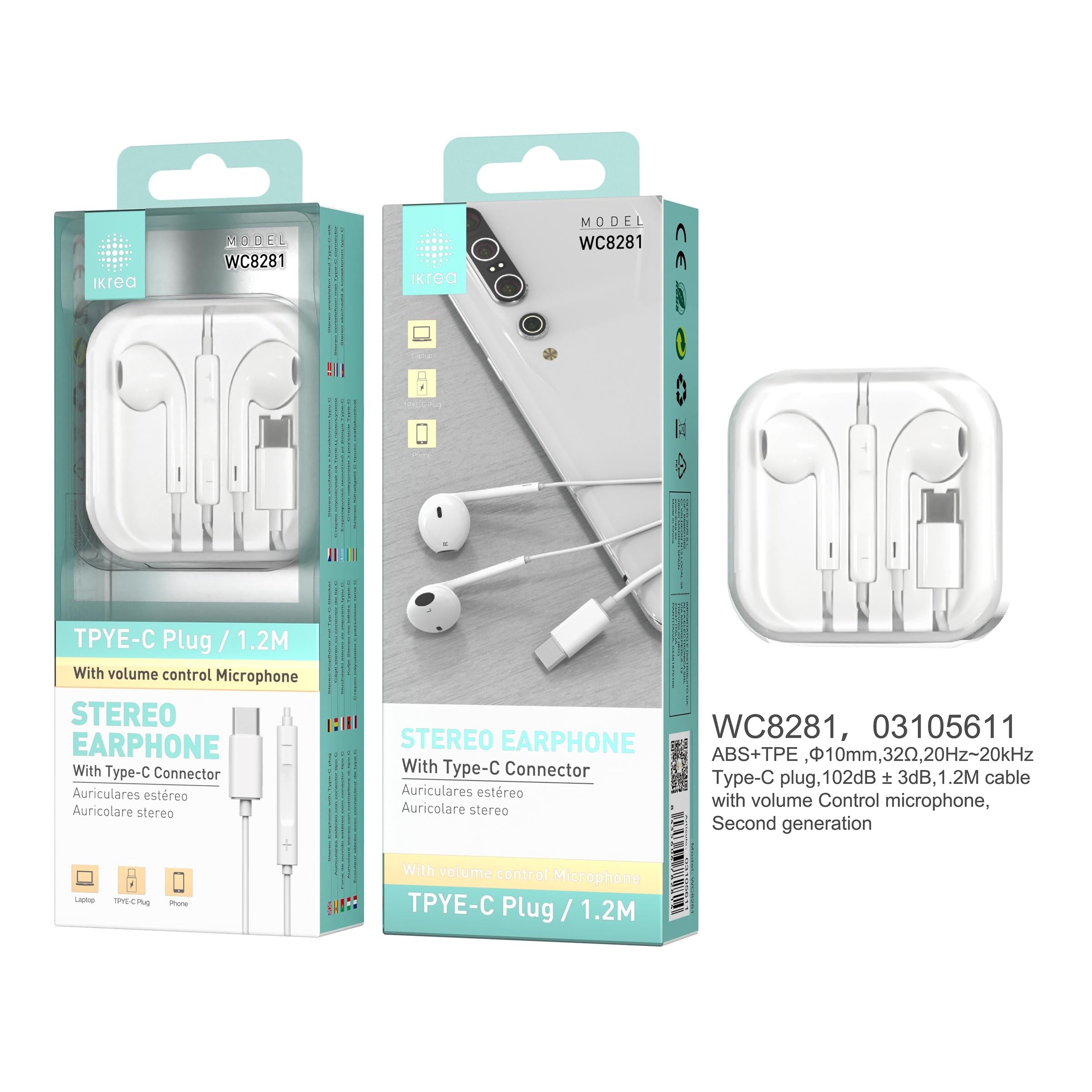 AURICULARES ESTEREO COM CONECTOR TYPE-C 1.2M BRANCO IKREA WC8281