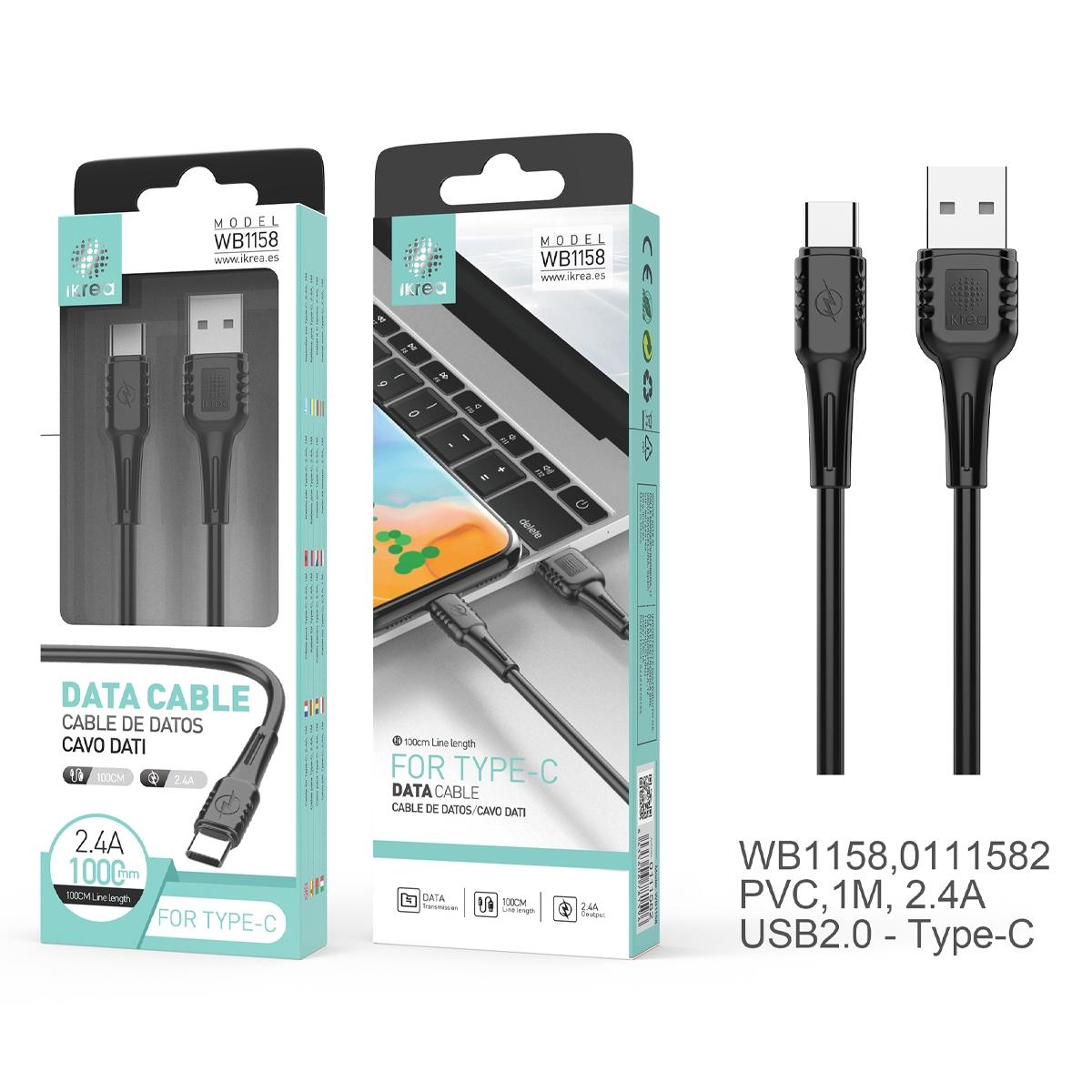 Cabo de dados e carga IKREA WB1158 TYPE-C 2.4A 1M USB2.0