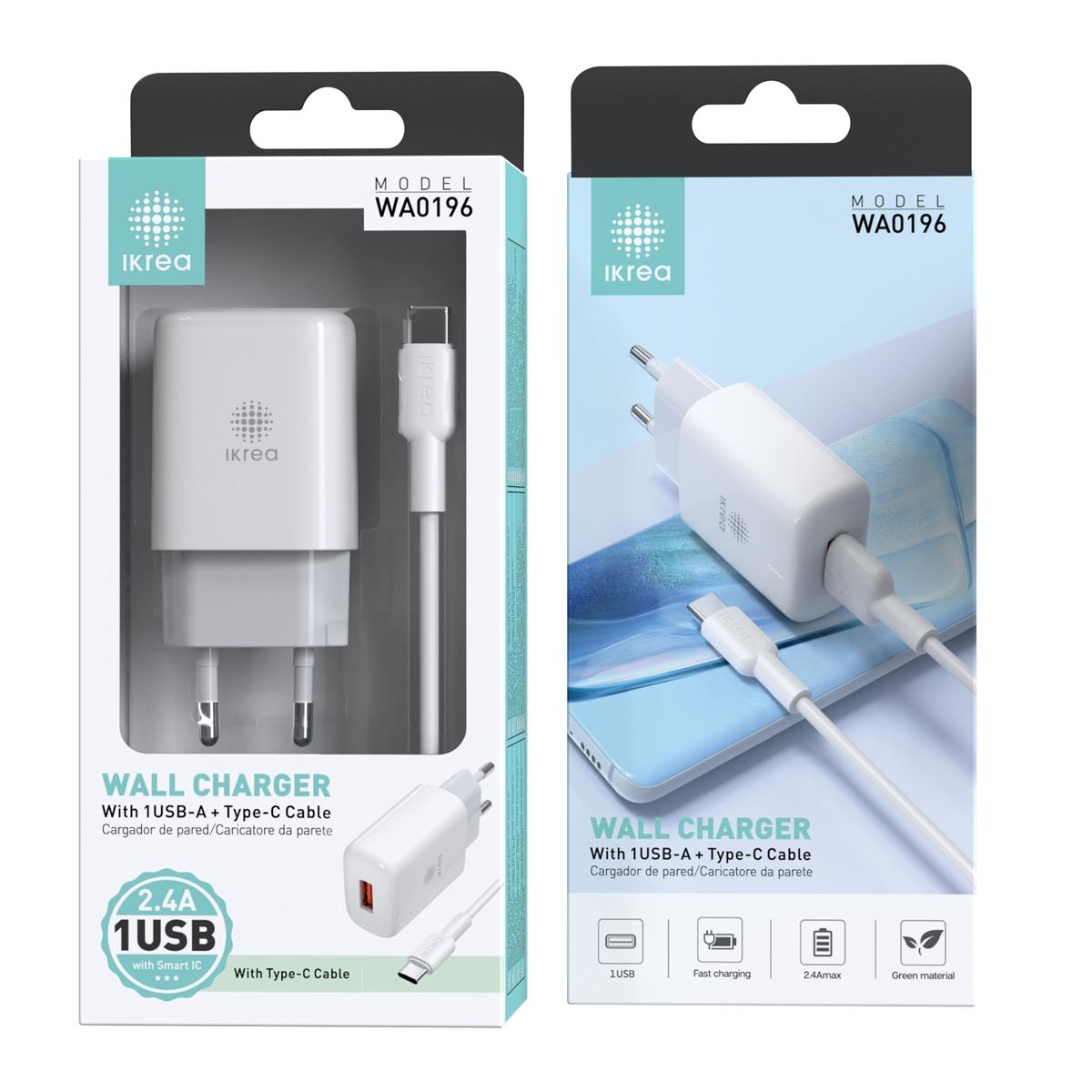 CARREGADOR DE VIAGEM IKREA WA0196 COM CABO TYPE-C 2.4A