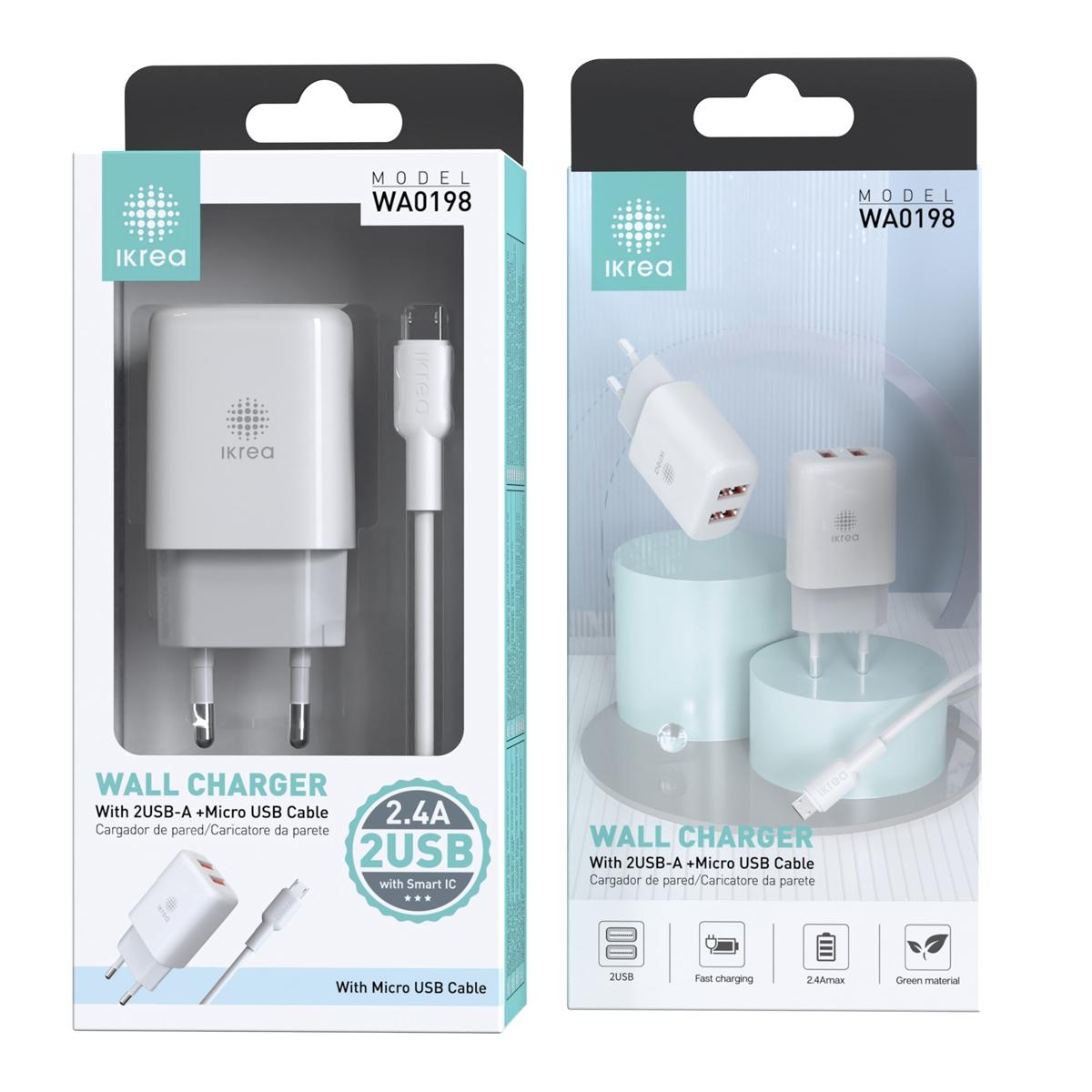 Carregador de Viagem 2xUSB IKREA com cabo micro usb 2.4A WA0198