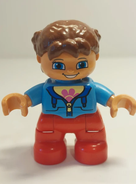 LEGO DUPLO FIGURE GIRL BROWN AIR BLUE/RED FLOWER 15H5 - USADO