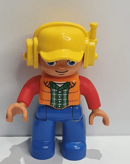 Lego Duplo Figure Male Worker Yellow Helmet with Headset Orange Shirt Blue Pants - USADO