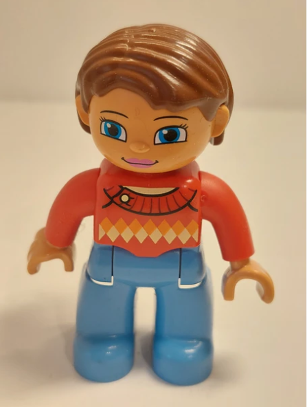 Lego Duplo Figure Ville, Female, Medium Blue Legs, Red Sweater with Diamond Pattern, Reddish Brown Hair, Blue Eyes - USADO