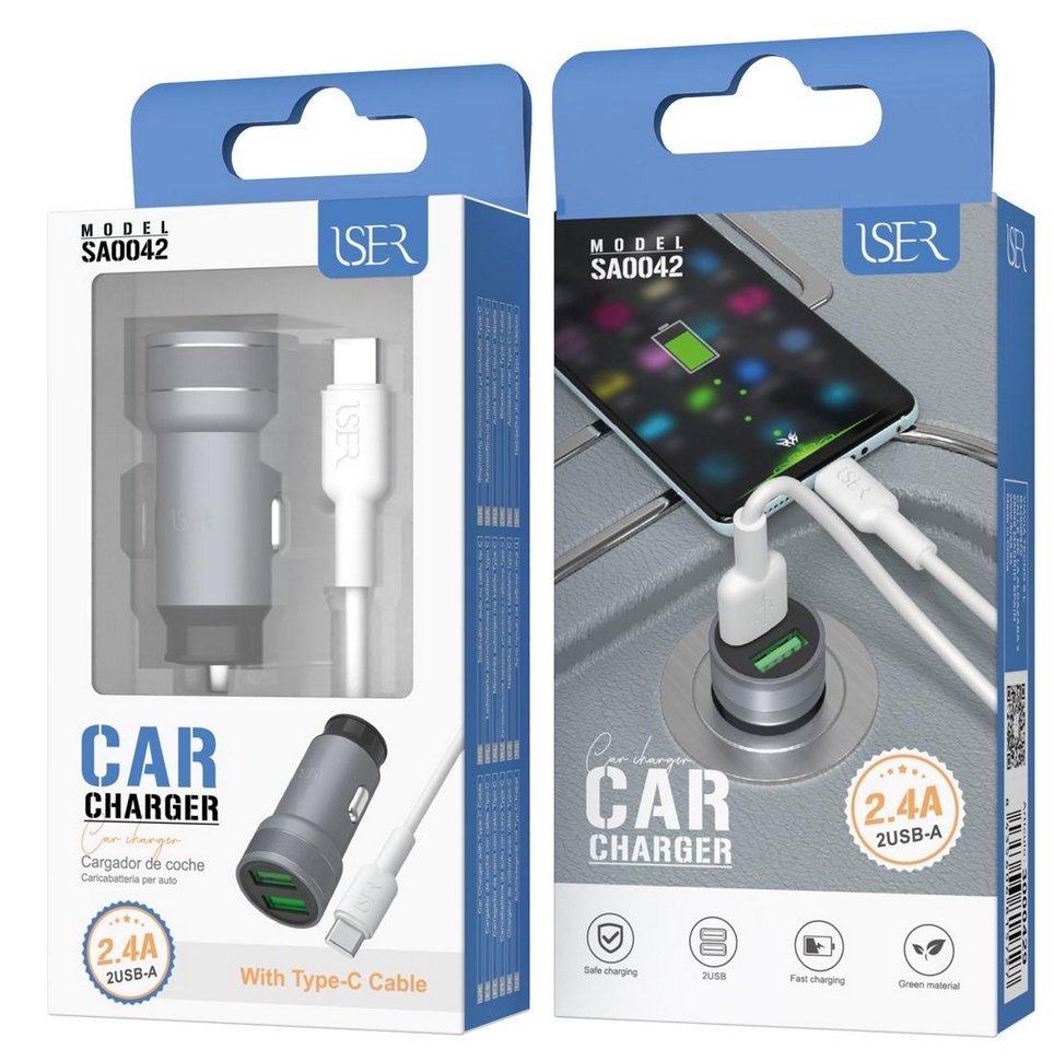 Carregador de isqueiro 2xUSB + CABO TYPE-C ISER SA0042