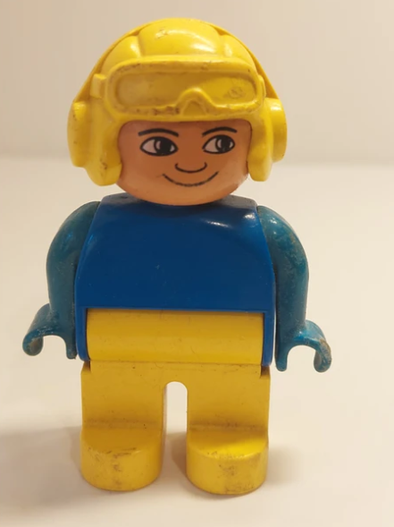 LEGO Duplo Figure, Male, Yellow Legs, Blue Top, Aviator Helmet Yellow , VINTAGE - USADO