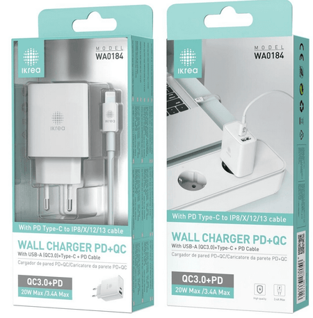 CARREGADOR DE VIAGEM QUICK CHARGE 3.0 PD+USB COM CABO LIGHTNING IKREA WA018