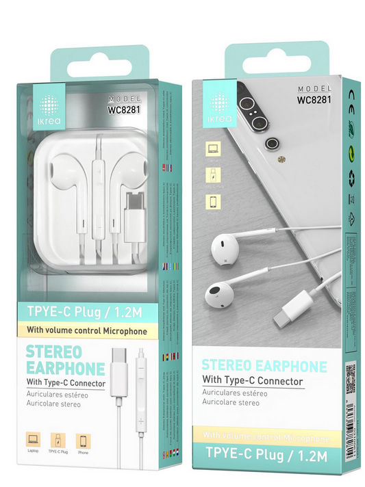 IKREA WC8281 AURICULARES STEREO ABS+TPE CONECTOR TYPE-C 1.2M BRANCO